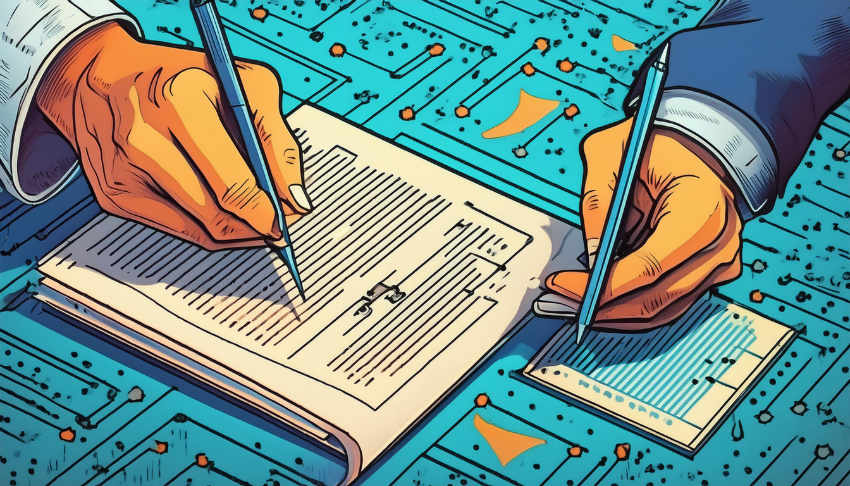 Ein Dokument auf dem eine Hand mit einem Kugelschreiber liegt